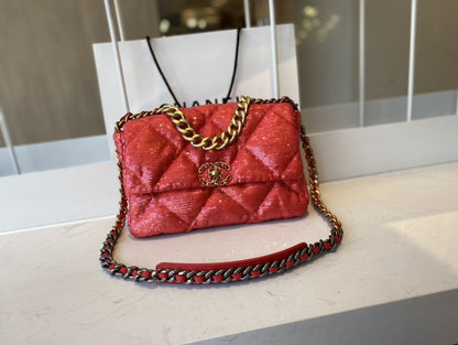 CHL 19 Flap Bag Gold Hardware Red For Women, Women’s Handbags, Shoulder Bags 10.2in/26cm AS1160 