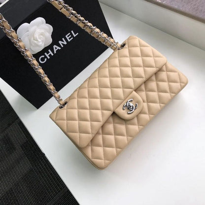 Chanel Classic Handbag Silver Hardware Beige For Women, Women’s Bags, Shoulder And Crossbody Bags 10.2in/26cm A01112
