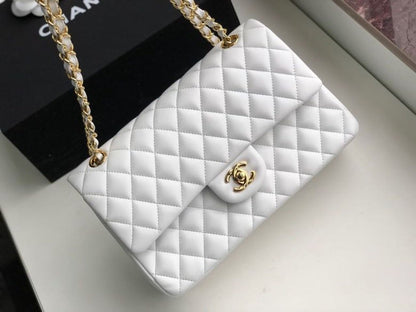 Chanel Classic Handbag Gold Toned Hardware White For Women, Women’s Bags, Shoulder And Crossbody Bags 10.2in/26cm A01112