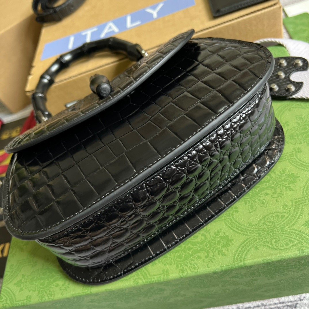 gg Bamboo 1947 Crocodile Top Handle Bag Black For Women, Women’s Bags 10.2in/26cm gg