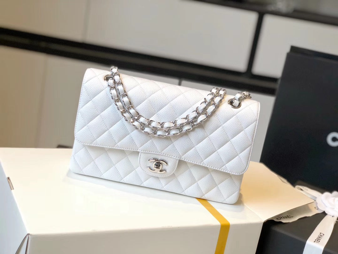 CHL CLASSIC MEDIUM FLAPBAG SILVER HARDWARE WHITE