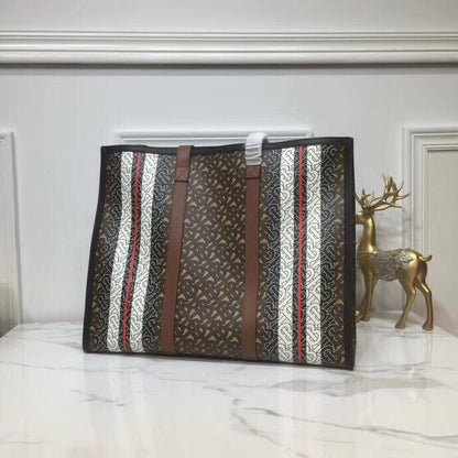 BB Monogram Stripe E-Canvas Portrait Tote Bag Bridle Brown For Women, Bags 15.7in/34cm