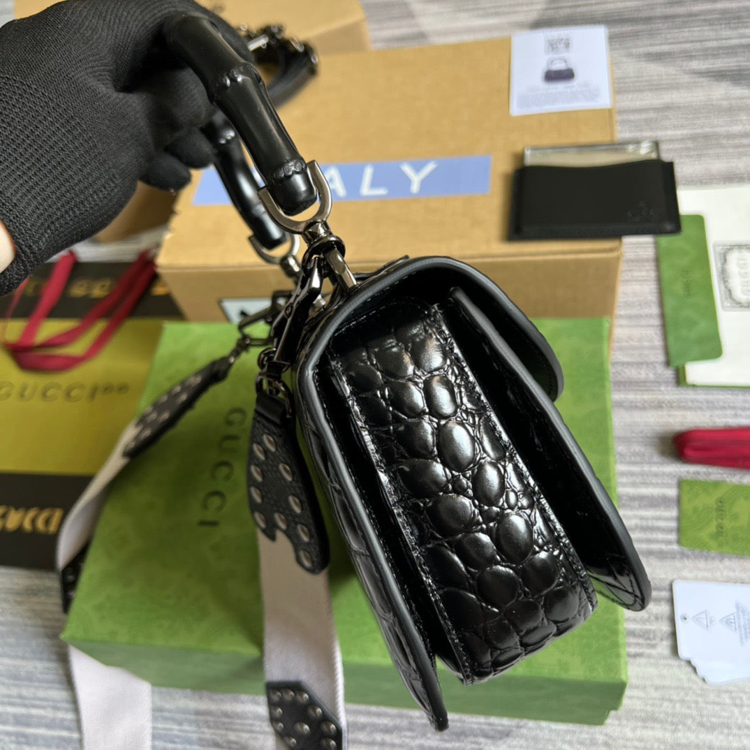 gg Bamboo 1947 Crocodile Top Handle Bag Black For Women, Women’s Bags 10.2in/26cm gg