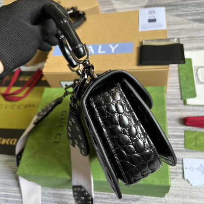 gg Bamboo 1947 Crocodile Top Handle Bag Black For Women, Women’s Bags 10.2in/26cm gg