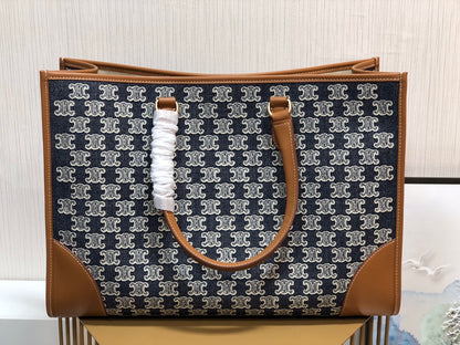 CE Horizontal Cabas In Textile With Triomphe Embroidery Denim For Women 17in/43cm 