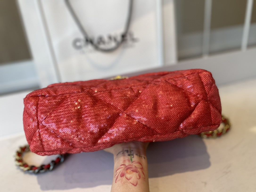 CHL 19 Flap Bag Gold Hardware Red For Women, Women’s Handbags, Shoulder Bags 10.2in/26cm AS1160 