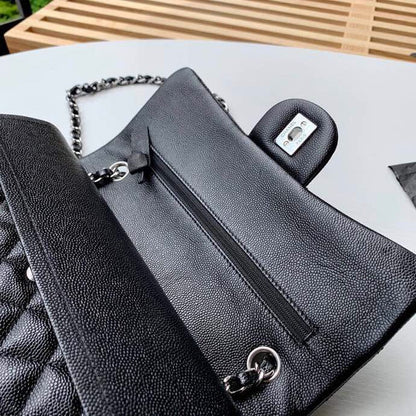 Chanel Classic Handbag Silver Hardware Black For Women, Women’s Bags, Shoulder And Crossbody Bags 10.2in/26cm A01112