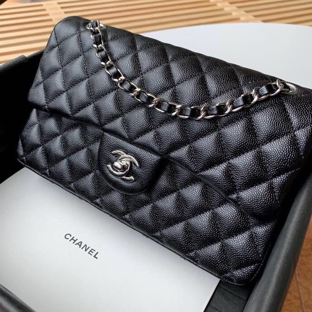 Chanel Classic Handbag Silver Hardware Black For Women, Women’s Bags, Shoulder And Crossbody Bags 10.2in/26cm A01112