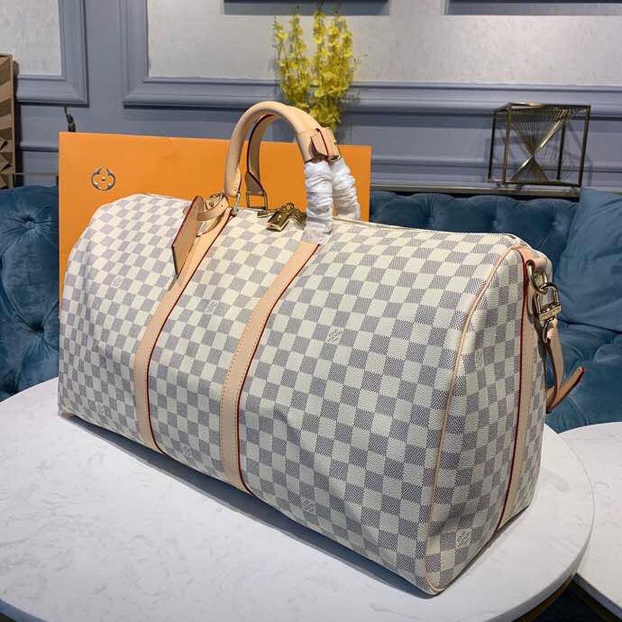 LV Keepall Bandouliere 55 Damier Azur Canvas For Women,  Travel Bags 21.7in/55cm LV N41429