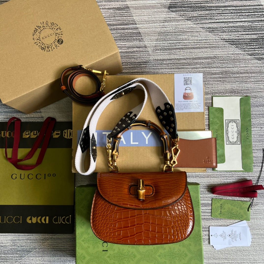 gg Bamboo 1947 Crocodile Top Handle Bag Red For Women, Women’s Bags 10.2in/26cm gg