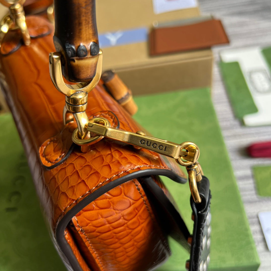gg Bamboo 1947 Crocodile Top Handle Bag Red For Women, Women’s Bags 10.2in/26cm gg