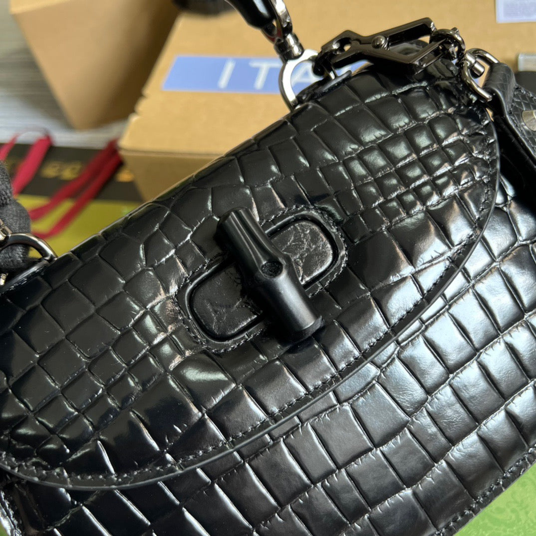 gg Bamboo 1947 Crocodile Top Handle Bag Black For Women, Women’s Bags 10.2in/26cm gg