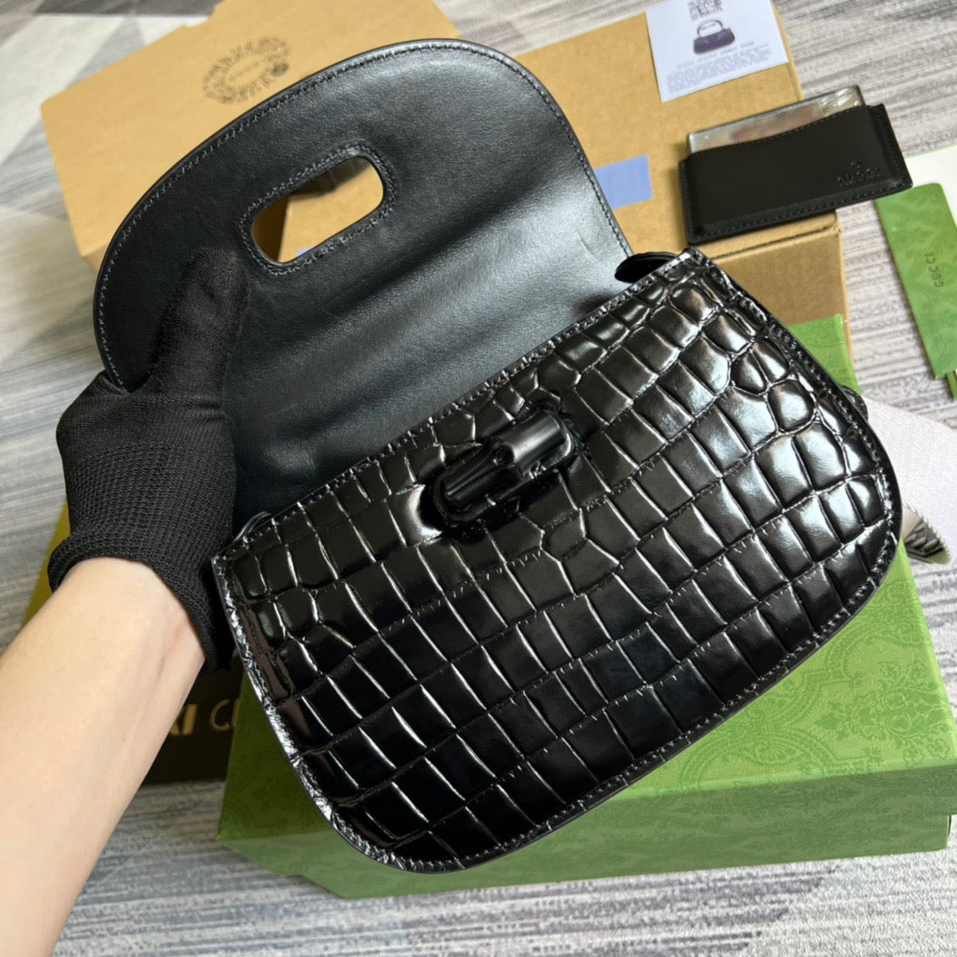 gg Bamboo 1947 Crocodile Top Handle Bag Black For Women, Women’s Bags 10.2in/26cm gg
