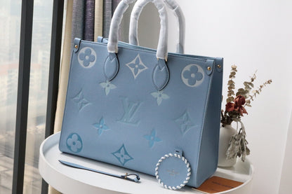 LV OnTheGo MM Tote Bag Monogram Empreinte Summer Blue For The Pool Collection, Women Handbags 13.8in/35cm LV M45718