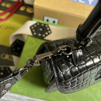 gg Bamboo 1947 Crocodile Top Handle Bag Black For Women, Women’s Bags 10.2in/26cm gg