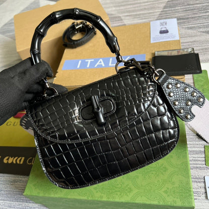 gg Bamboo 1947 Crocodile Top Handle Bag Black For Women, Women’s Bags 10.2in/26cm gg
