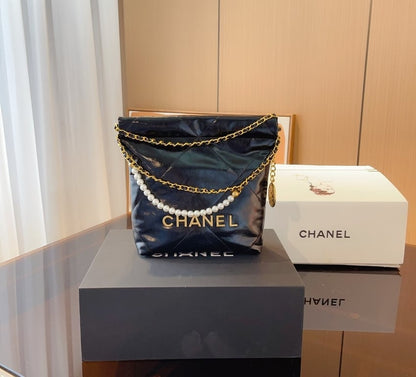 CHL 22 MINI BLACK HANDBAG CRYSTAL PEARL STRAP HIGH QUALITY