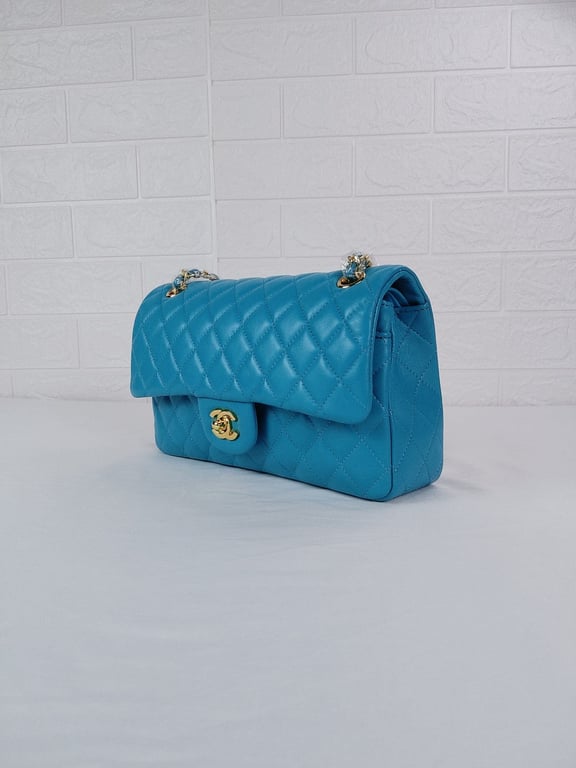 CHL CLASSIC MEDIUM LAMBSKIN FLAP BAG BLUE GOLD 25CM