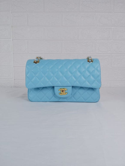 CHL CLASSIC MEDIUM LAMBSKIN FLAP BAG LIGHT BLUE GOLD 25CM