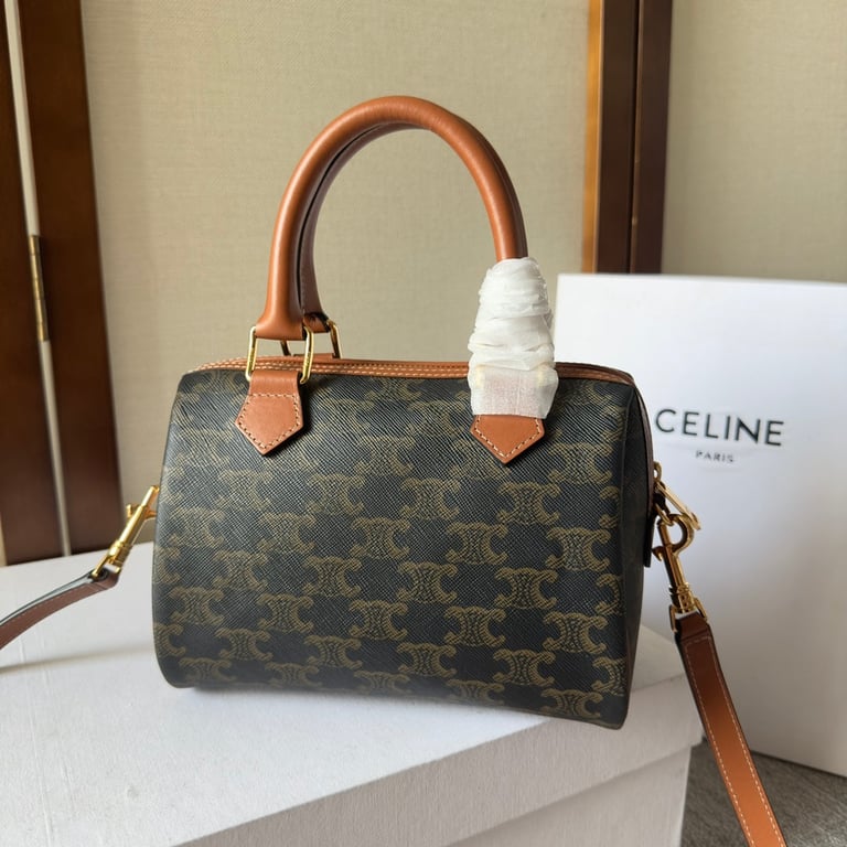 CE  SMALL BOSTON CUIR TRIOMPHE IN TRIOMPHE CANVAS AND CALFSKIN TAN