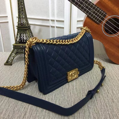 CHL CLASSIC BOY FLAP QUILTED LAMBSKIN SHOULDER BAG NAVY BLUE