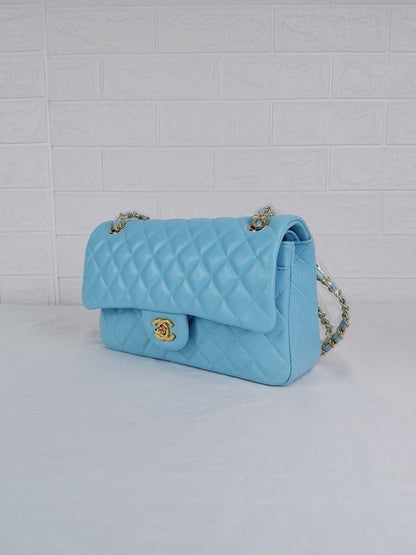 CHL CLASSIC MEDIUM LAMBSKIN FLAP BAG LIGHT BLUE GOLD 25CM