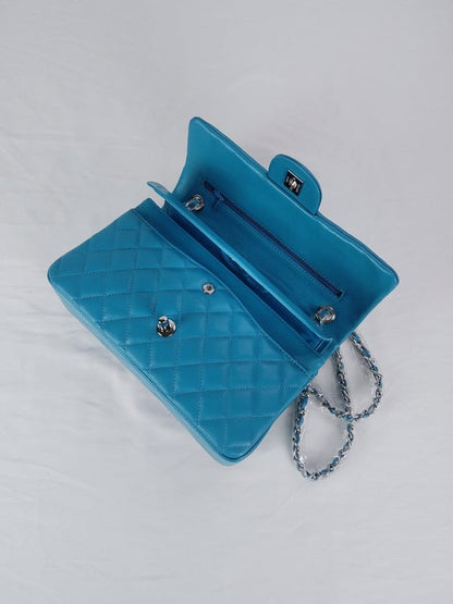 CHL CLASSIC MEDIUM LAMBSKIN FLAP BAG BLUE SILVER 25CM