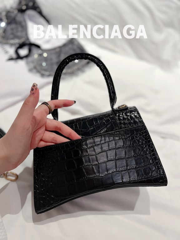BALENCIAGA WOMEN'S HOURGLASS XS HANDBAG CROCODILE EMBOSSED IN BLACK 24CM