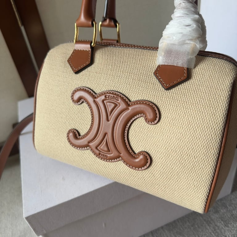CE  SMALL BOSTON CUIR TRIOMPHE IN TEXTILE AND CALFSKIN TAN