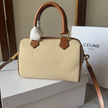 CE  SMALL BOSTON CUIR TRIOMPHE IN TEXTILE AND CALFSKIN TAN
