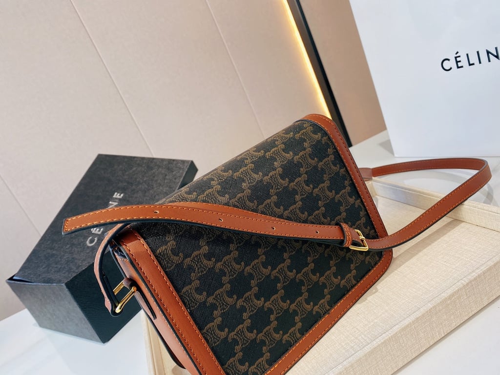 CE CLASSIQUE TRIOMPHE BAG IN TRIOMPHE CANVAS AND CALFSKIN TAN 22CM