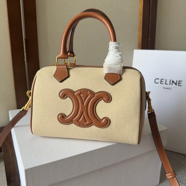 CE  SMALL BOSTON CUIR TRIOMPHE IN TEXTILE AND CALFSKIN TAN