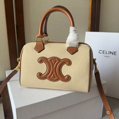 CE  SMALL BOSTON CUIR TRIOMPHE IN TEXTILE AND CALFSKIN TAN
