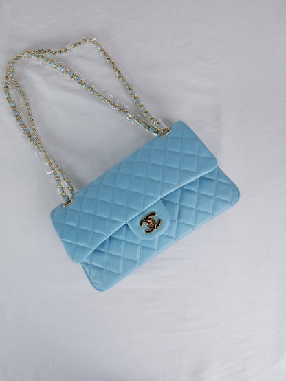 CHL CLASSIC MEDIUM LAMBSKIN FLAP BAG LIGHT BLUE GOLD 25CM