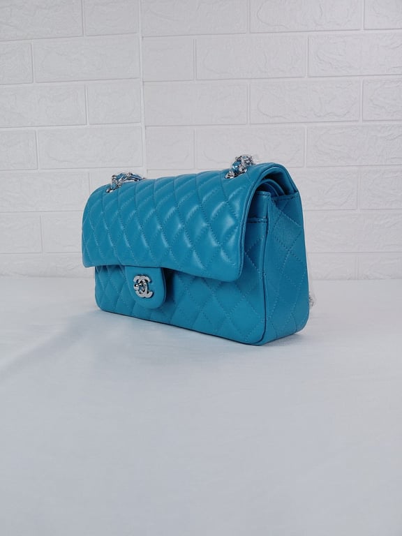 CHL CLASSIC MEDIUM LAMBSKIN FLAP BAG BLUE SILVER 25CM