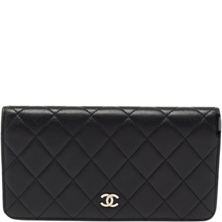 CHL BLACK QUILTED LAMBSKIN CLASSIC LONG FLAP WITH SILVER HARDWARE WALLET 19.5CM