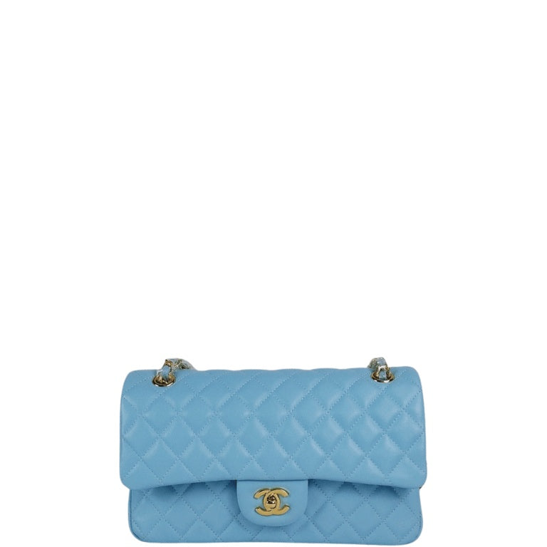 CHL CLASSIC MEDIUM LAMBSKIN FLAP BAG LIGHT BLUE GOLD 25CM