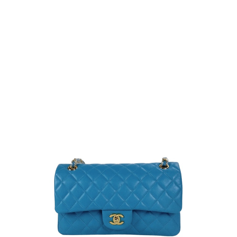 CHL CLASSIC MEDIUM LAMBSKIN FLAP BAG BLUE GOLD 25CM