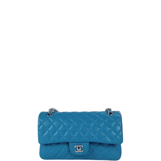 CHL CLASSIC MEDIUM LAMBSKIN FLAP BAG BLUE SILVER 25CM