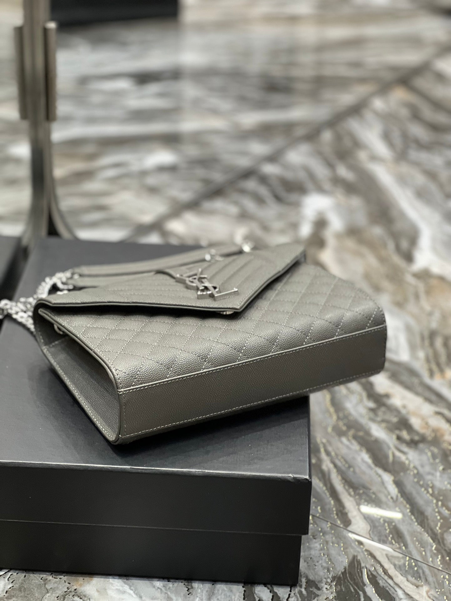 YSSL Envelope Medium Chain Bag Dark Grey For Women, Women’s Bags 9.4in/24cm YSL