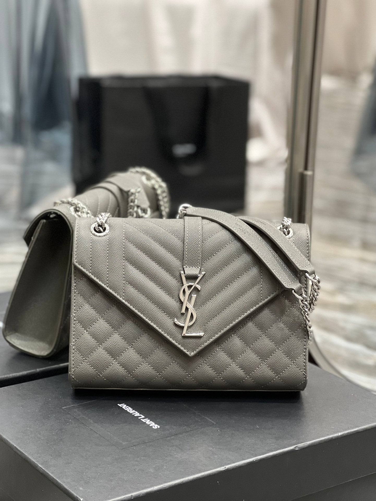 YSSL Envelope Medium Chain Bag Dark Grey For Women, Women’s Bags 9.4in/24cm YSL