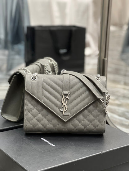 YSSL Envelope Medium Chain Bag Dark Grey For Women, Women’s Bags 9.4in/24cm YSL